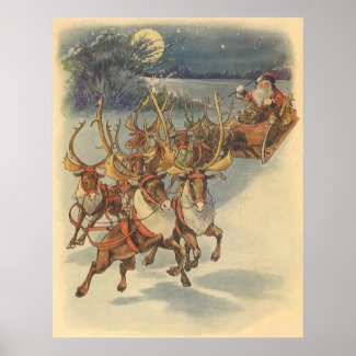 Santa Claus Reindeer Delivering Toys Christmas Eve Print