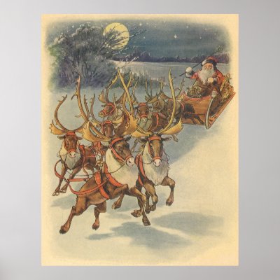 Santa Claus Reindeer Delivering Toys Christmas Eve posters