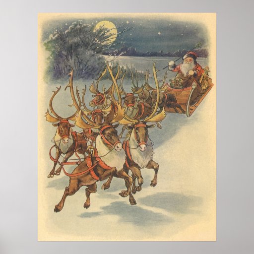 Santa Claus Reindeer Delivering Toys Christmas Eve Print