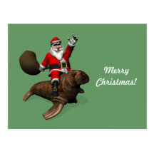 Santa Claus Riding On Walrus Post Card