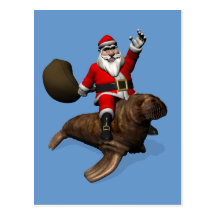 Santa Claus Riding On Walrus Post Card