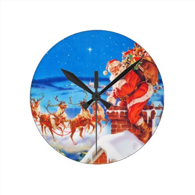 Santa Claus Up On The Rooftop In The Snow Wall Clocks