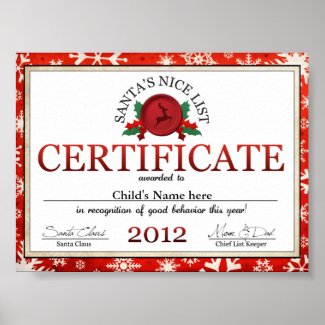 Santa Clause Nice List Child Certificate
