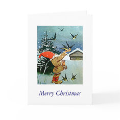Santa feeding birds by hand in Christmas snow card card