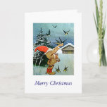 Santa feeding birds by hand in Christmas snow card