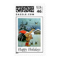 Santa feeding birds by hand in snow stamp