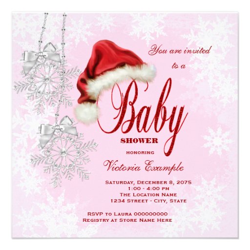 Santa Hat and Pink Snowflake Christmas Baby Shower Announcements