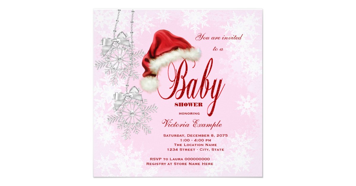 Santa Hat And Pink Snowflake Christmas Baby Shower Announcements