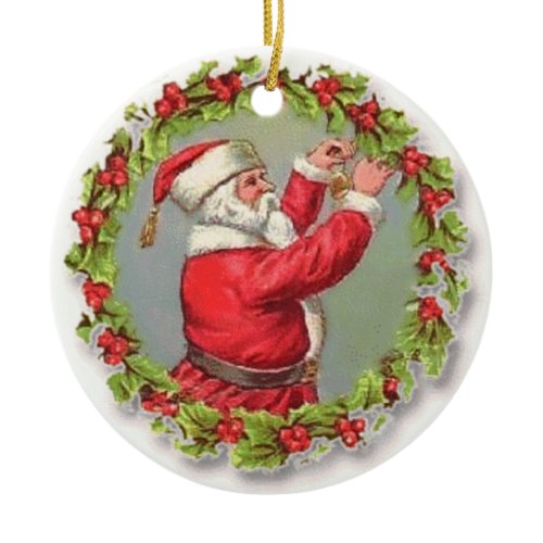 Santa In a Holly Wreath Ornament ornament