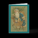 Santa in Blue with Reindeer Christmas Card