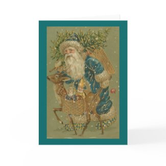 Santa in Blue with Reindeer Christmas Card card