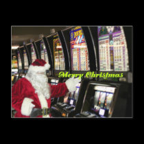 Santa in Vegas playing slots Christmas Postcard