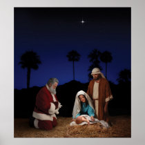 Santa Kneeling at Nativity Poster