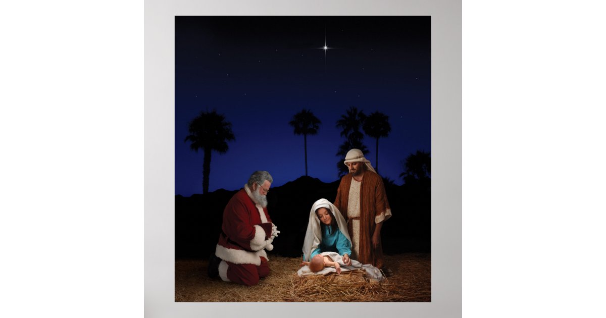 santa kneeling at nativity poster zazzle santa kneeling at nativity poster zazzle