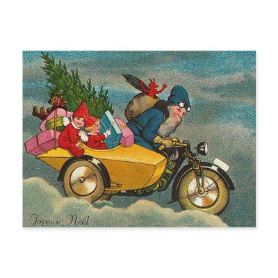 Santa Rides a Motorcycle - Christmas postcards