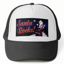 Santa Rocks Santa Plays Guitar on the Roof in a Sn Trucker Hat