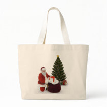 Santa setting presents by the tree tote bag
