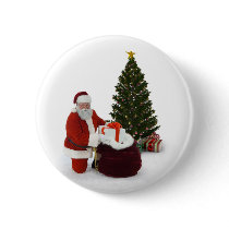Santa setting presents by the tree pinback button