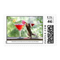 Santa Squirrel Drinking a Cocktail Postage Stamps