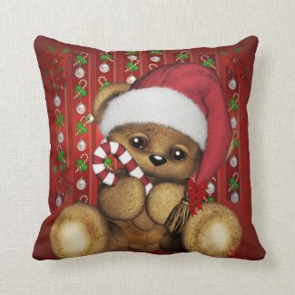 Santa Teddy Bear with Candy Cane Pillow
