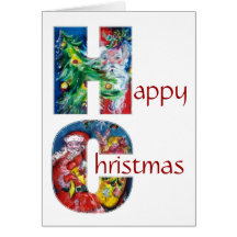 SANTA WITH GIFTS AND CHRISTMAS TREE MONOGRAM CARD