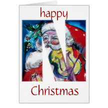 SANTA WITH VIOLIN  N MONOGRAM GREETING CARDS