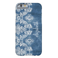 Sapphire Blue Vintage Damask Pattern and Name Barely There iPhone 6 Case