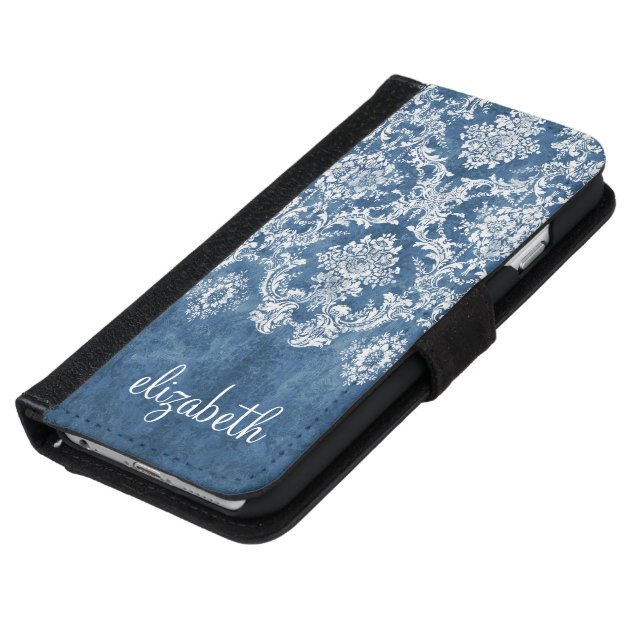 Sapphire Blue Vintage Damask Pattern and Name iPhone 6 Wallet Case-5
