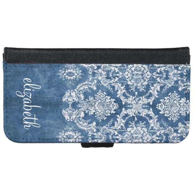 Sapphire Blue Vintage Damask Pattern and Name iPhone 6 Wallet Case-4
