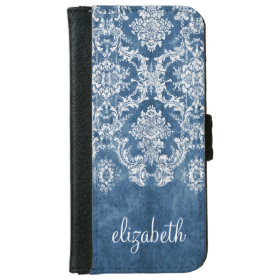 Sapphire Blue Vintage Damask Pattern and Name iPhone 6 Wallet Case
