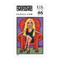 Sassy Blonde & a Red Chair - Postage Stamp