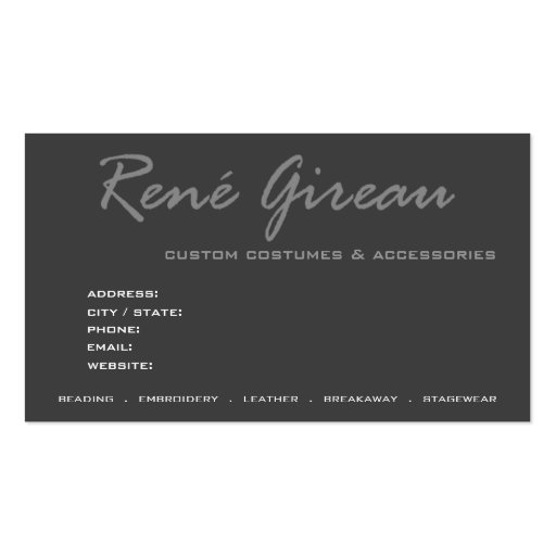 Sassy Lace Up Costume Designer Business Card (back side)