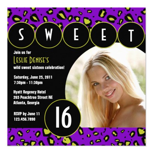 Sassy Leopard Sweet Sixteen Photo Invite [Purple]