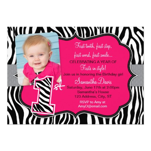 Sassy Pink Zebra Print First Birthday Invitation