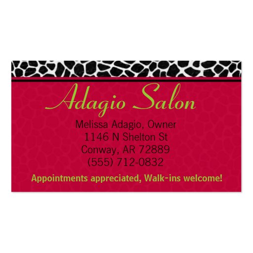 Sassy Red and Giraffe Print Business Cards (back side)