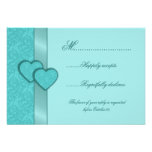 Satin Ribbon and Turquoise Damask Hearts RSVP Card Custom Announcements