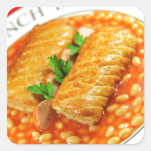 Sausage rolls and baked beans square sticker Zazzle
