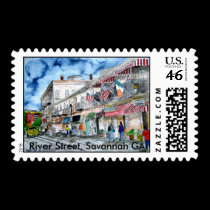 savannah_river_street_painting, River Street, S... postage