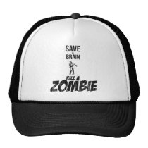 zombie, funny, save a brain, kill a zombie, cool, offensive, skull, humor, movie, trucker hat, geek, kill, slightly less funny, college, vector, fun, cap, Kasket med brugerdefineret grafisk design
