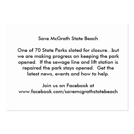 Save McGrath State Beach Business Card (back side)
