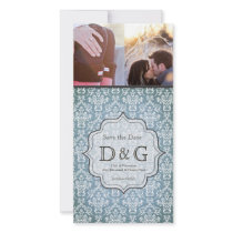 Save the Date Antique Blue Damask Filligree Card Photo Card