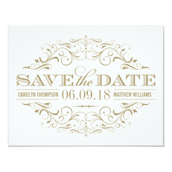 Save the Date | Antique Gold and White Flourish Custom Invitation
