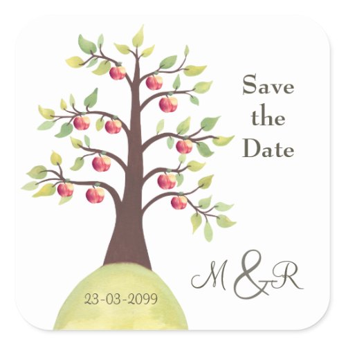 Save the Date Apple Tree Monogram Square Sticker sticker