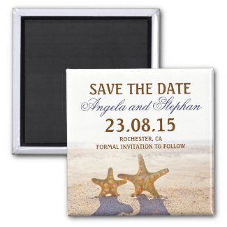 Wedding Save the Date magnet, featuring a photo of a pair of starfish on the sand and blue sea/ocean water with foam
