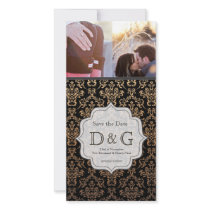 Save the Date Black & Orange Damask Fillagree Card Personalized Photo Card