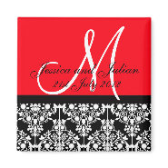 Save The Date Black/Red Monogram Damask Trellis magnet