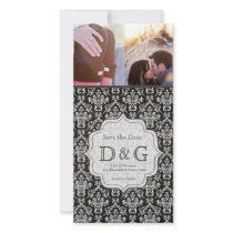 Save the Date Black & White Damask Filligree Card Custom Photo Card