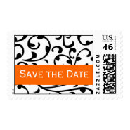 Save the Date Black & White Orange Swirls Postage stamp