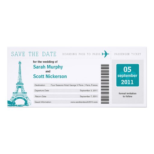Save the Date Boarding Pass to Paris France Invite