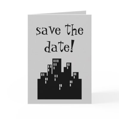 save the date! card with city skyline
